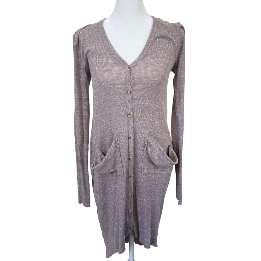 FP Beach Free People‎ Long Cardigan XS Taupe Rib Knit Pocket Duster Boho Lounge